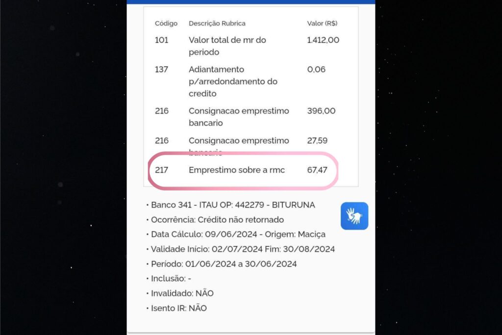 O desconto do empréstimo sobre a RMC no extrato