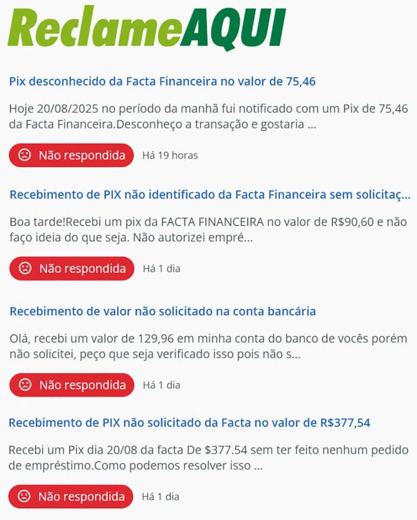 Reclamações sobre os Pix da Facta Financeira no ReclameAqui.